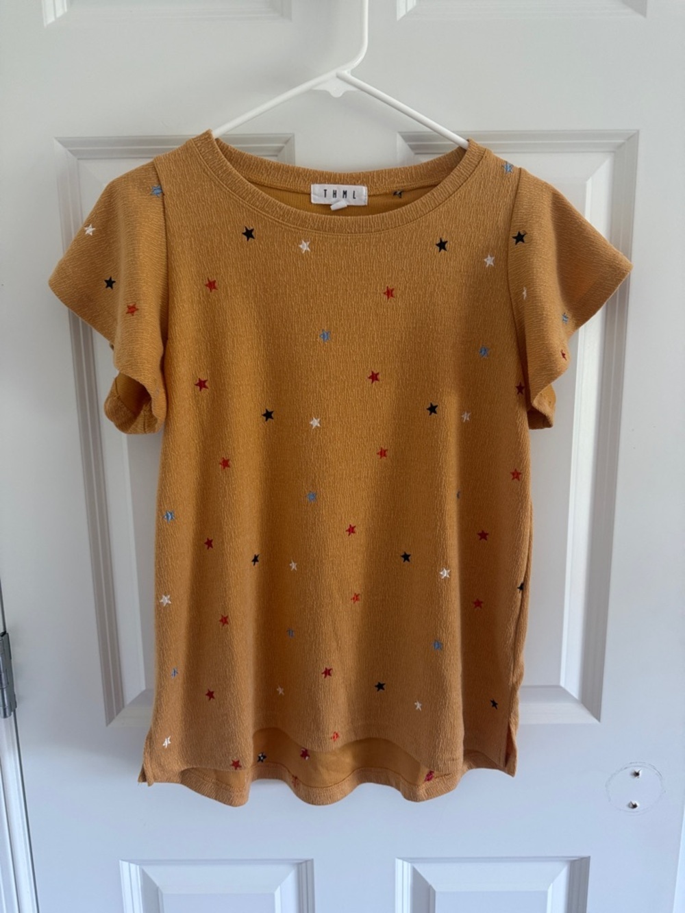 THML Mustard Star-Embroidered Short Sleeve Top Red, Blue White Small